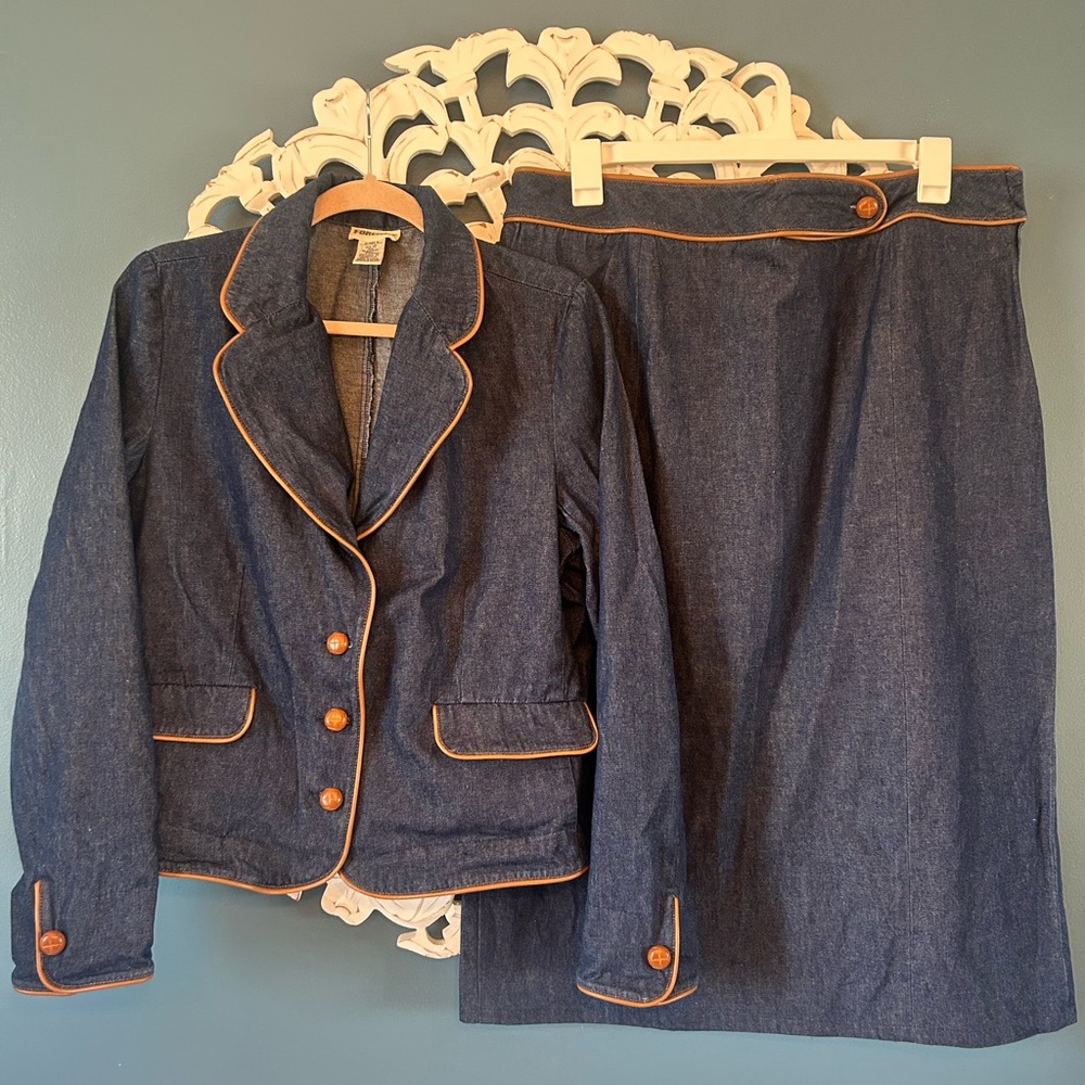 Vintage Rare Forenza Indigo Denim Blazer and Skirt with Tan Piping size 18